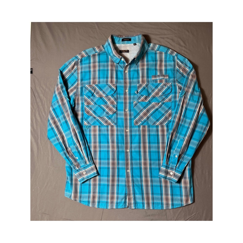 Mens Sz M Fariani Italy 100% Cotton Blue Plaid Fishing Outdoor Utility Shirt